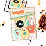 Handmade greeting card with a record player on it and happy retirement sentiment on it.