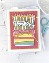 Handmade greeting card with cake on it and so many candles sentiment on it.