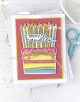 Handmade greeting card with cake on it and so many candles sentiment on it.