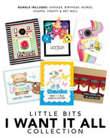 Graphic of I Want It All - Little Bits bundle which includes various dies and stamps for papercrafting.