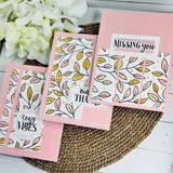 Three handmade greeting cards with leaves on it and different just because sentiments on each.