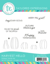 Graphic of Harvest Hello Stamp Set with sentiments and pumpkins on it for papercrafting.