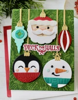 Handmade greeting card with ornaments on it and deck the halls sentiment on it.
