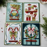 Four handmade greeting cards with various holiday items on each and different holiday sentiments on each.