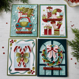 Four handmade greeting cards with Christmas items on each and various holiday sentiments on it.