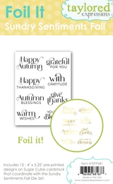 Taylored Expressions Foil It - Sundry Sentiments Fall packaging featuring a collection of autumn greetings in decorative script and mixed fonts, ready for metallic foiling.