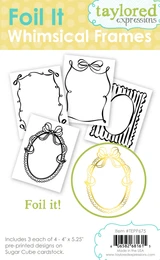 Taylored Expressions Foil It - Whimsical Frames packaging featuring four decorative frame designs with scalloped edges, bows, and playful borders for metallic foiling.