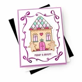 Handmade birthday card featuring a colorful house illustration, pink foiled decorative frame, playful embellishments, and a Happy Birthday sentiment.
