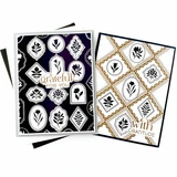 Two handmade greeting cards featuring blue corn and gold foiled botanical medallions arranged in diamond patterns with gratitude sentiments.