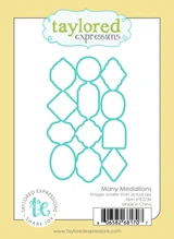 Taylored Expressions Many Medallions Coordinating Die packaging featuring steel cutting dies in assorted geometric shapes designed to cut coordinating floral medallions.