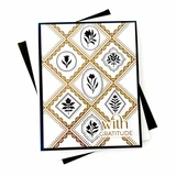 Handmade gratitude card featuring gold diamond-shaped frames, black botanical medallions, and a With Gratitude sentiment.
