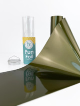 Taylored Expressions TE Fun Foil - Sweet Basil featuring a shiny olive green metallic foil sheet unrolled beside its teal storage tube.