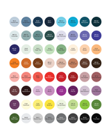 OLO Fine Nib 64 Color Set swatch chart showing 64 shades, including blues, greens, purples, reds, yellows, browns, and grays, with color names and codes.