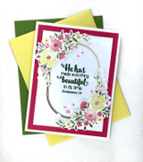 Handmade greeting card with flowers on it and he has made everything beautiful in its time sentiment on it.