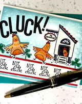 Handmade greeting card with chickens on it and cluck sentiment and best of luck sentiment on it.