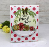 Handmade greeting card with dots on it and hello friend sentiment on it.