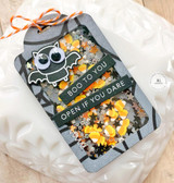 Handmade greeting tag with bat on it and boo to you, open if you dare sentiment on it.