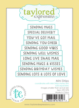 Steel Mini Strips Die, designed to cut out multiple sentiments created by red rubber stamps in the Mini Strips collection.