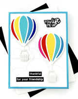 Handmade greeting card with hot air balloons and you lift me up sentiment on it.