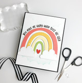 Handmade greeting card with rainbow on it and you make me happy when skies are grey sentiment on it.