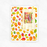 Handmade greeting card with fall leaves and happy fall y'all sentiment on it.