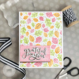 Handmade greeting card with fall leaves on it and grateful for you sentiment on it.