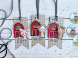 Three handmade greeting tags with a pig, cow, and horse on each with different farm related sentiments on it.