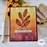 Handmade greeting card with a leaf on it and heartfelt thanks sentiment on it.