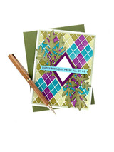 Handmade greeting card with argyle pattern on it and hapapy birthday from all of us sentiment on it.