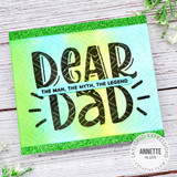 Handmade greeting card with dear dad sentiment on it with the man, the myth, the legend sentiment on it.