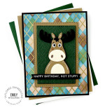 Handmade greeting card with moose on it and happy birthday, hot stuff, sentiment on it.