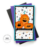 Handmade greeting card with pumpkins on it and you're spooktacular sentiment on it and happy halloween sentiment on it.