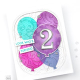 Handmade greeting card with balloons on it and look who's turning 2 sentiments on it.