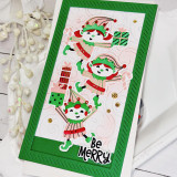 Handmade greeting card with elves and swirls on it with be merry sentiment on it.