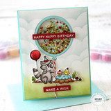 Handmade greeting card with raccoon on it and happy happy birthday sentiment on it.