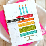 Handmade greeting card with eat all the cake sentiment on it.