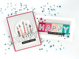 Two handmade greeting cards with happy sentiments on each.