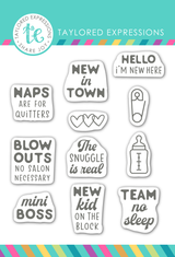 Graphic of Onesie Funsies Clear Stamp Set that includes baby sentiments for papercrafting.