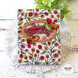 Handmade greeting card with blossoms on it and happy birthday sentiment on it.