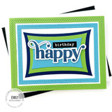 Handmade greeting card with multiple borders and happy birthday sentiments on it.