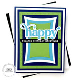 Handmade greeting card with borders on it and happy belated birthday greetings sentiment on it.