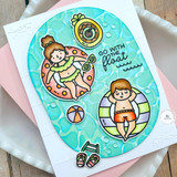 Handmade greeting card with two people swimming in a pool with go with the float sentiment on it.