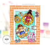 Handmade greeting card with two people swimming in a pool with hi there sentiment on it.