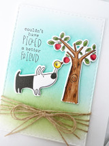 Handmade greeting card of dog and bird by a tree with couldn't have picked a better friend sentiment on it.