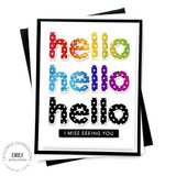 Handmade greeting card with hello written three times on it and I miss seeing you sentiment on it.
