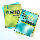 Two handmade greeting cards with hello on both of them and one with sending hugs sentiment and the other with you are so loved sentiment on it.