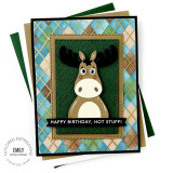 Handmade greeting card with moose on it and happy birthday, hot stuff sentiment on it.
