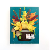 Handmade greeting card with flowers in a pail with hello friend sentiment on it.