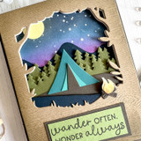 Handmade greeting card with tent and trees on it and wander often. Wonder always sentiment on it.