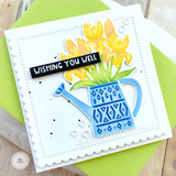 Handmade greeting card with flower can and flowers and wishing you well sentiment on it.